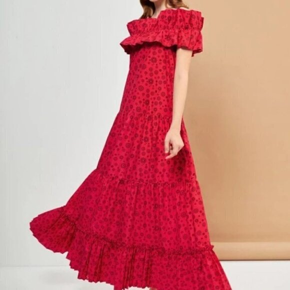 Floral Print Cold Shoulder Ruffle Trim Smock Maxi Dress red - Picture 2 of 8